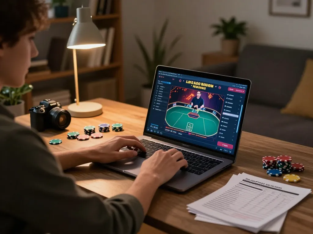 Engaging with online poker gameplay on a laptop integrating rokok strategies and bankroll management.