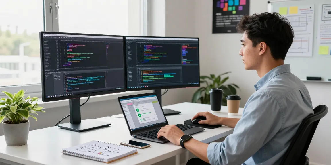 Dynamic workspace showcasing the open claw skill development with a developer coding at dual monitors and a sleek desk.