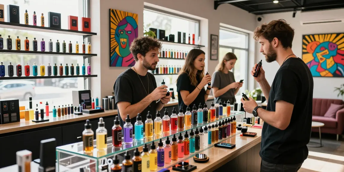 A vape shop scene with a customer exploring 電子煙油 options and tasting e-liquids, highlighting vibrant culture.