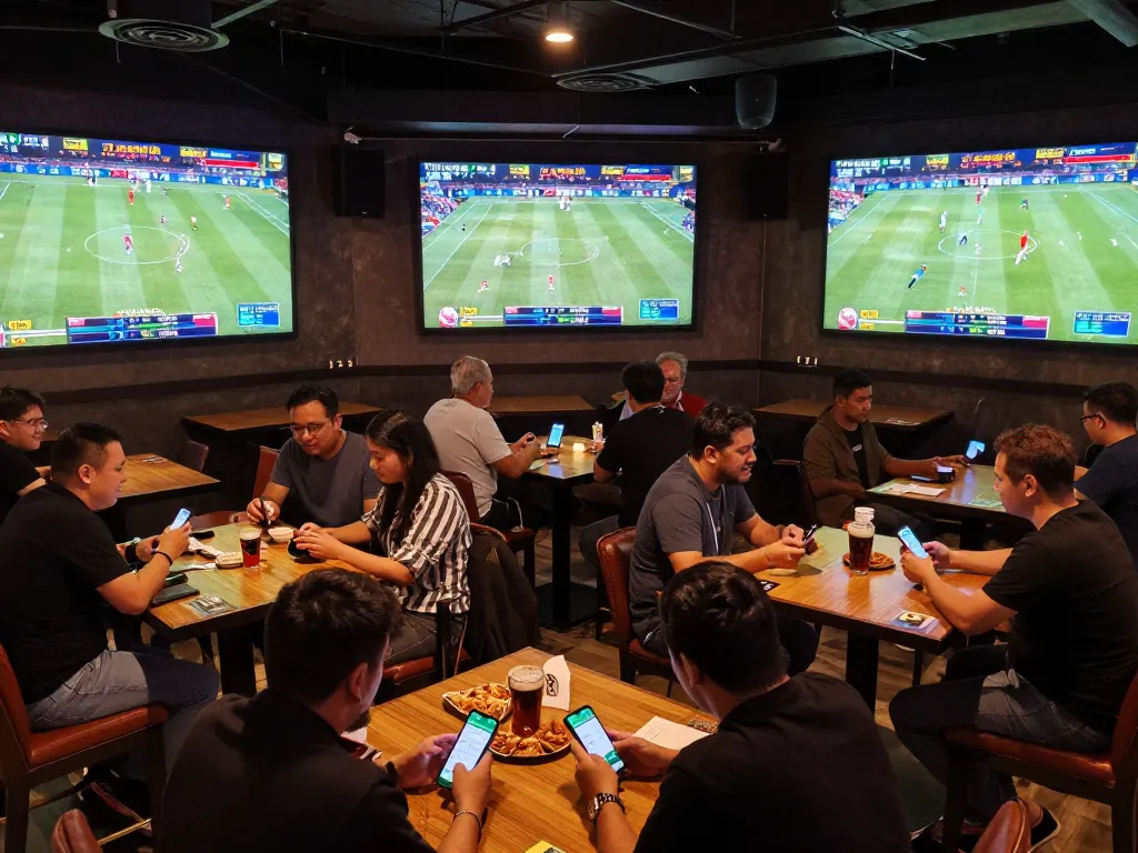 Patrons engaged in real-time sports betting using the 789betgo app at a vibrant bar setting