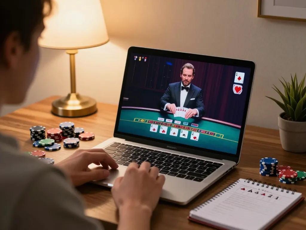 Playing live dealer blackjack on the laptop while managing strategies at 98win 78.