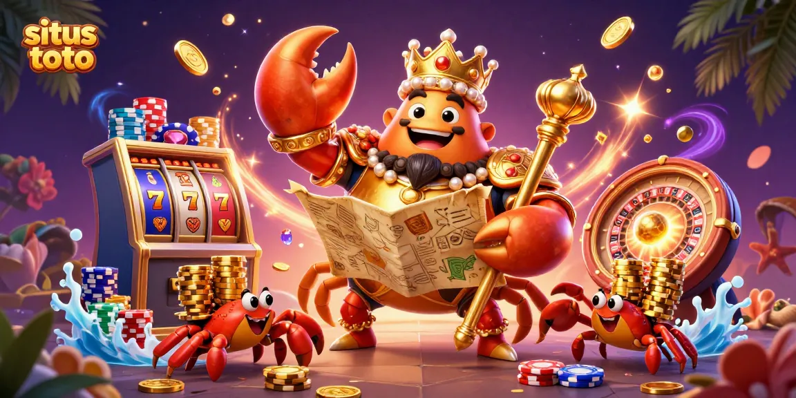 Experience thrilling wins at situs toto with a golden crab emperor surrounded by vibrant casino elements.