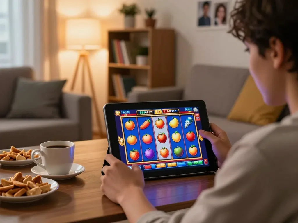 Experience the excitement of link slot gaming with colorful reels and casual home atmosphere.