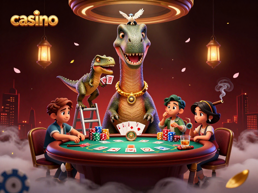 Engage in thrilling casino action with towering dinosaurs and vibrant poker elements.