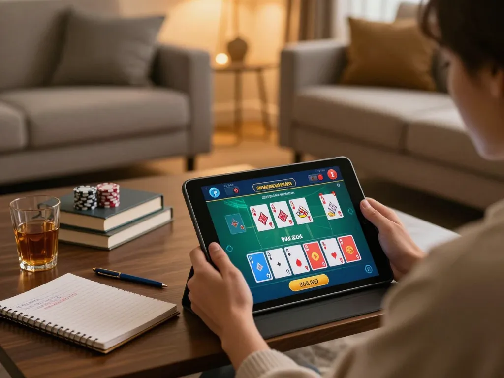 Engaging online casino gameplay on tablet at home with 68gamebaivn interface.