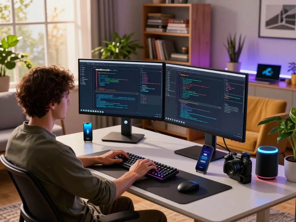 ClawdBot in a modern workspace with code on multiple screens and smart devices enhancing productivity.