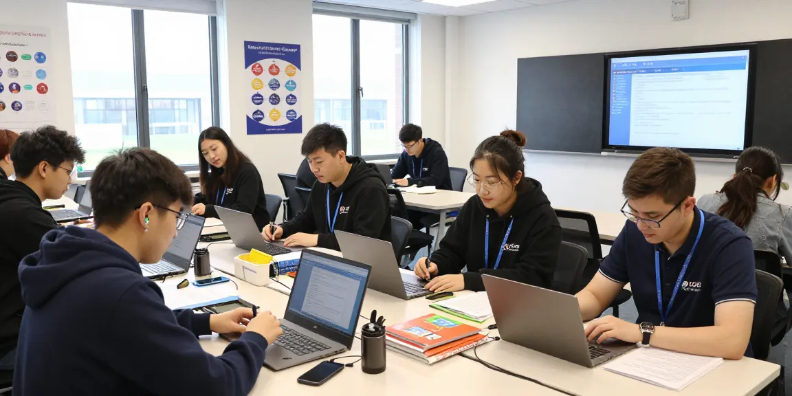 Vocational training UK scene with engaged young adults learning hands-on skills in a modern classroom.