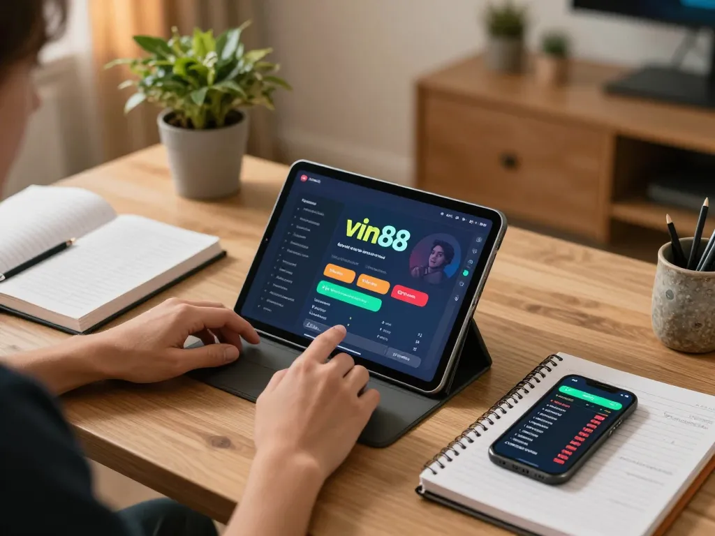 Player enjoying vin88 online gaming app on tablet, surrounded by strategies and a smartphone in cozy office.