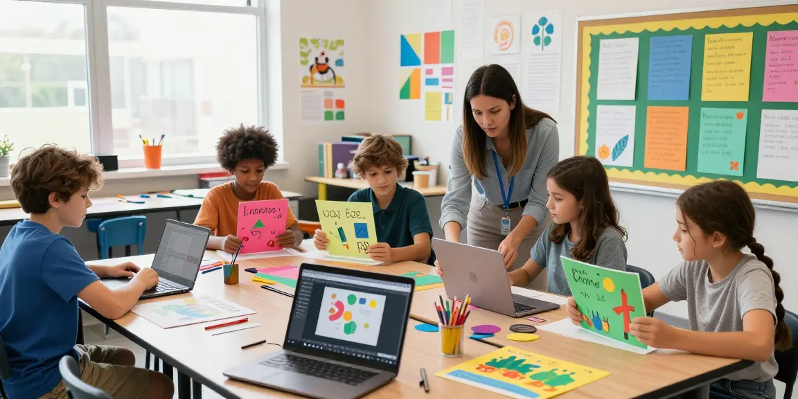 Engaged students using a School Poster Maker in a vibrant classroom.