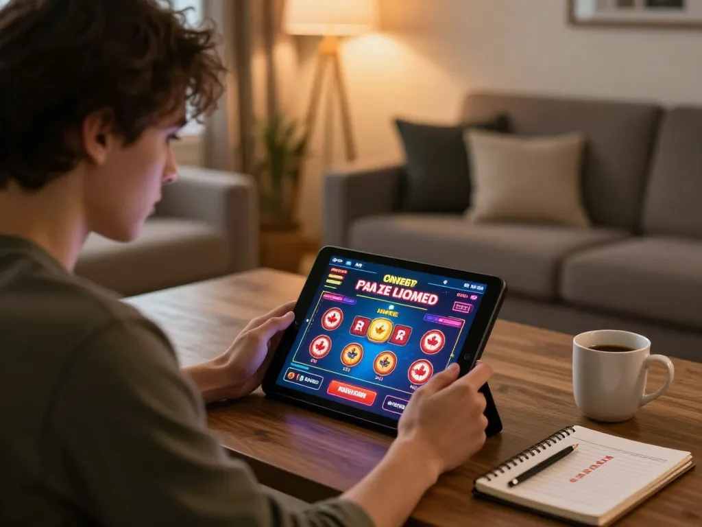 Engaging moment in online casinos in Canada with player strategizing on tablet while enjoying a cozy atmosphere.
