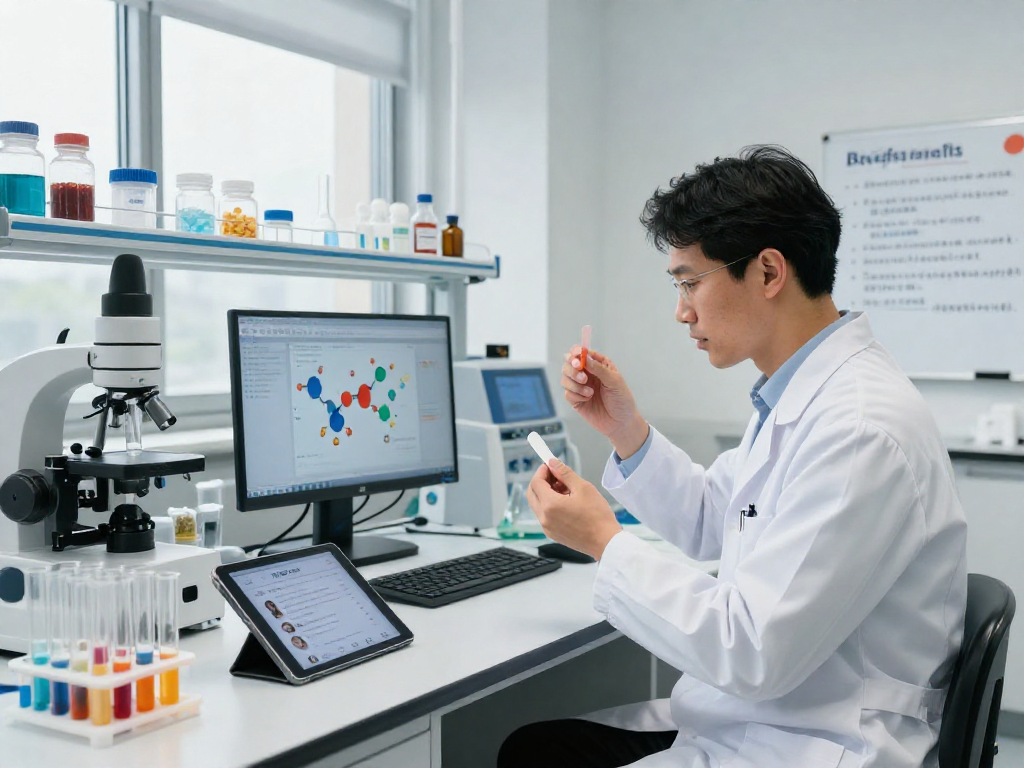 Scientist analyzing buccal strips showcasing TB 500 Benefits in a modern lab.