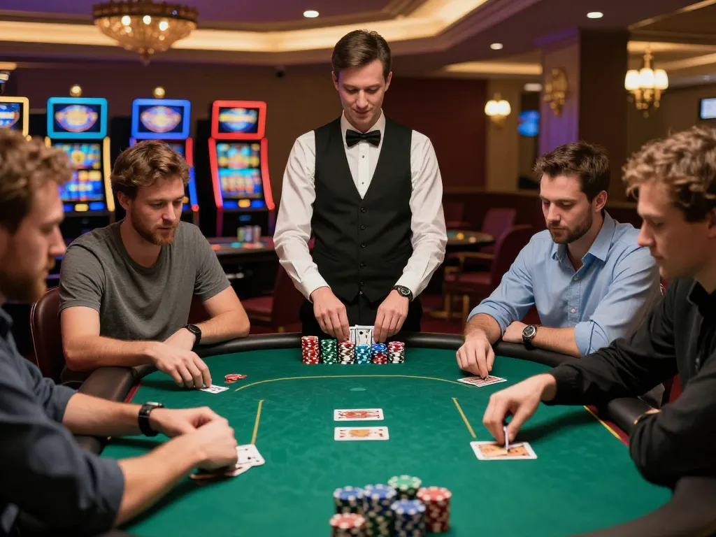 98 win poker players strategizing during an intense game in a luxurious casino setting