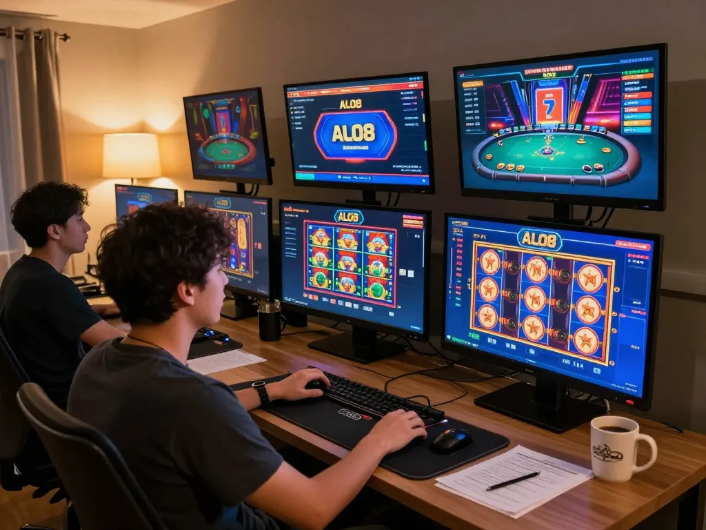 A player exploring exciting gambling opportunities on ALO8's online platform from a cozy home office