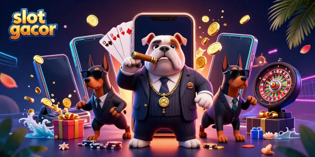 Experience slot gacor excitement with a mafia bulldog and Doberman bodyguards in this vibrant casino scene.
