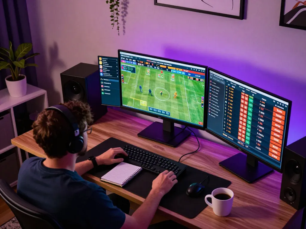 Engaged player analyzing sports bets at lv88 trusted online casino with multiple screens showing live games