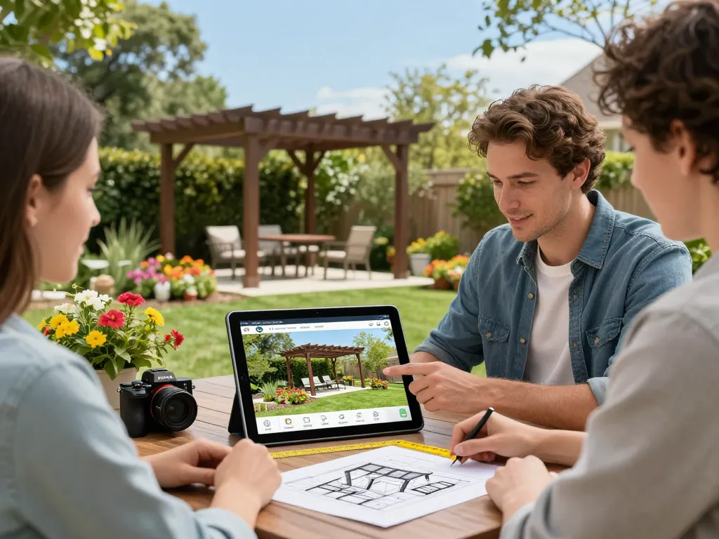 Designer showcasing the All-in-One pergola Configurator, with 3D model on tablet in a vibrant outdoor garden setting.