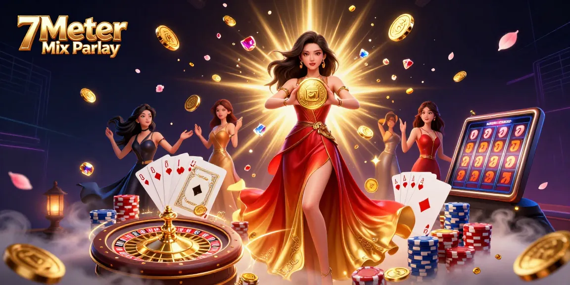 Experience exciting 7Meter Mix Parlay with a stunning illustration of fortune, symbols of gambling, and vibrant 3D elements.