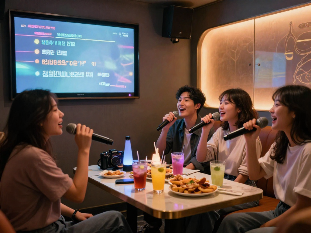 엘리트 가라오케에서 친구들과 노래를 부르는 즐거운 모습, 사적인 공간과 아늑한 분위기.