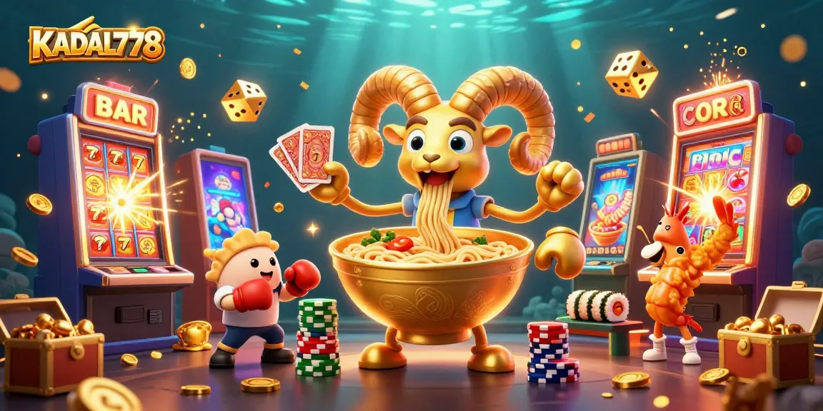 KADAL778 showcases a dynamic casino scene featuring characters like a giant ramen bowl dealing cards amidst slot machines and jackpot symbols.
