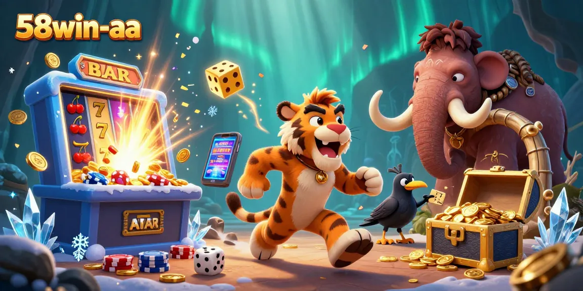 Join the thrilling adventure of 58win-aa with an explosive prehistoric casino scene featuring slot machines and festive elements.