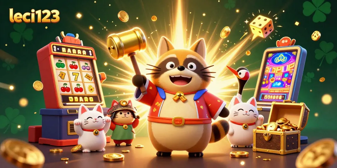Play exciting games like leci123 with a cheerful tanuki and colorful fortune cats amidst vibrant casino elements.