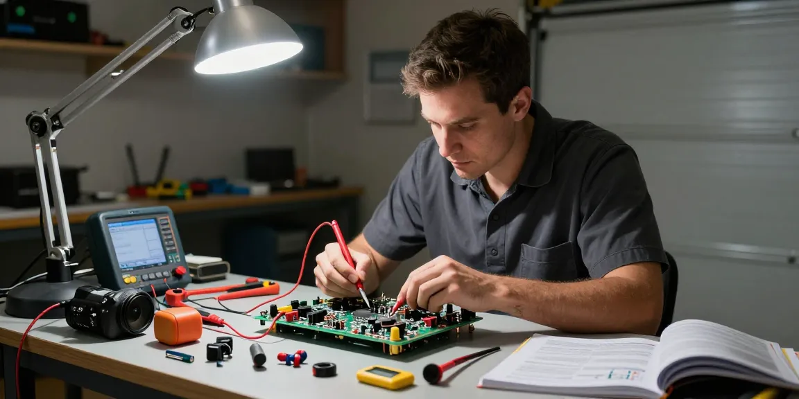 Mighty Mule circuit board problems being diagnosed by a technician using tools in a well-lit workshop.