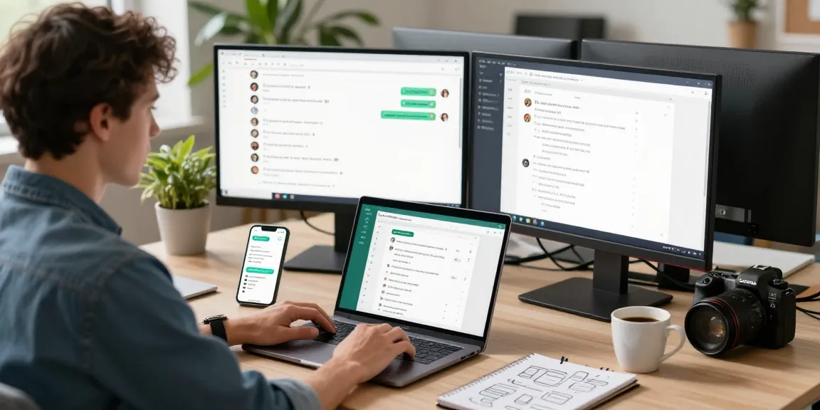 Using WhatsApp網頁版 on a laptop in a modern workspace with dual monitors.