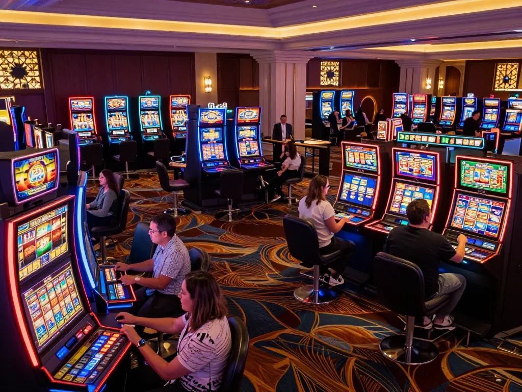Engaging players at vibrant slot machines highlighting dagelan4d resmi casino atmosphere and excitement.
