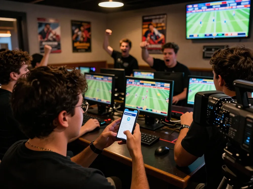 Engaged user analyzing sports odds on Bongdallu app while watching live games in a vibrant setting
