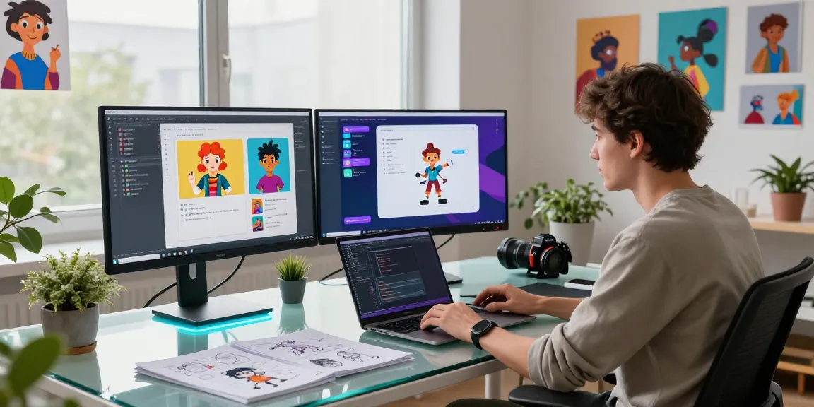 Dynamic digital workspace showcasing CrushOnAI character development, vibrant monitor displays, and creative atmosphere.