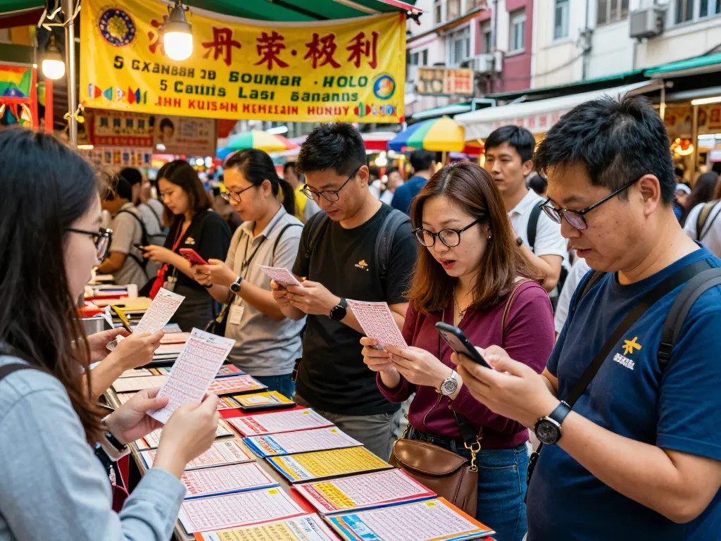 Players eagerly checking their HK lottery tickets in a vibrant street market.
