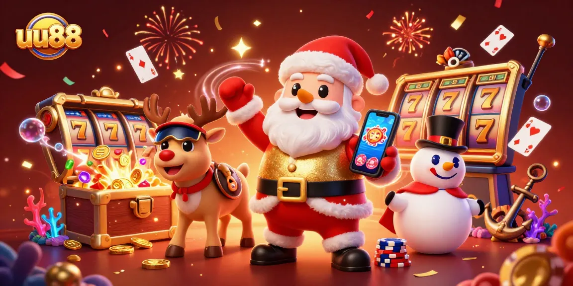 Spin the reels at uu88 with Santa and his festive casino companions in a vibrant 3D scene.