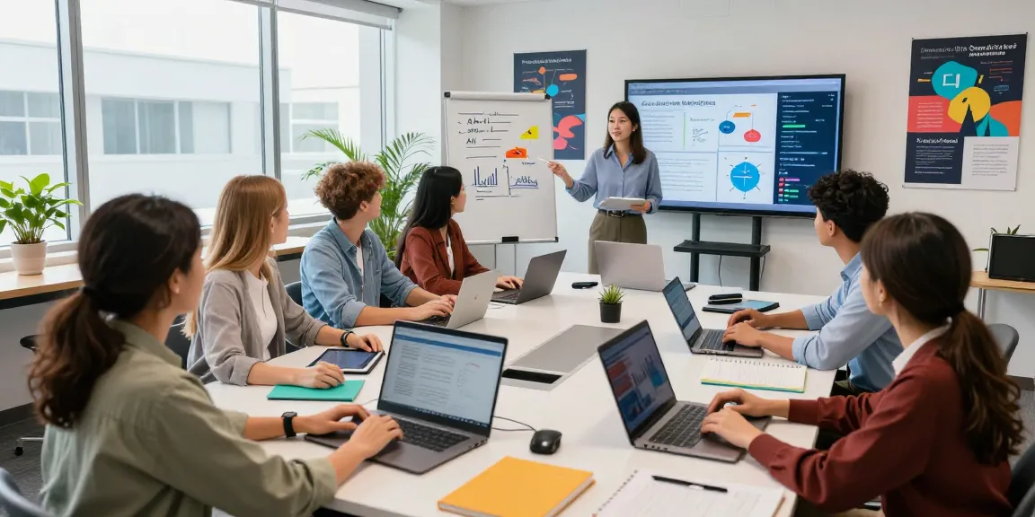 Students engaging in AI-powered digital marketing strategies in a vibrant classroom setting.