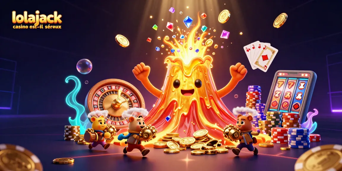 Experience excitement at lolajack casino est-il sérieux with a golden volcano and treasure-filled scene of coins and gems.