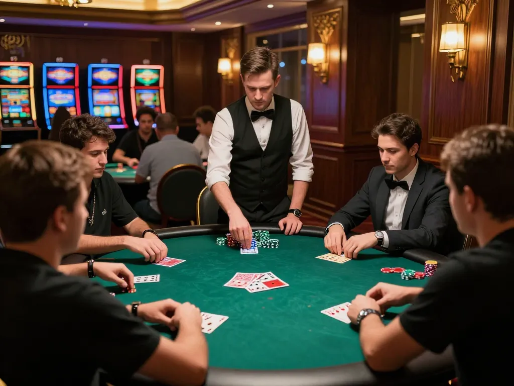 High-stakes poker game at upscale casino showcasing players engaged in du88 chips, strategic gameplay, and elegant decor.
