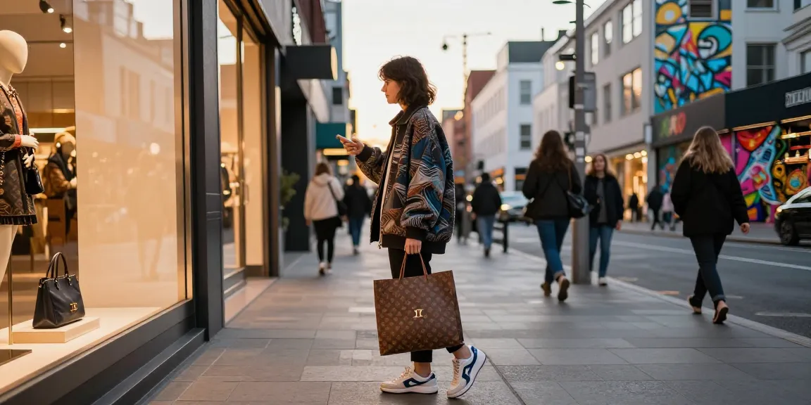 Stylish individual exploring urban shopping scene with 레플리카 products.