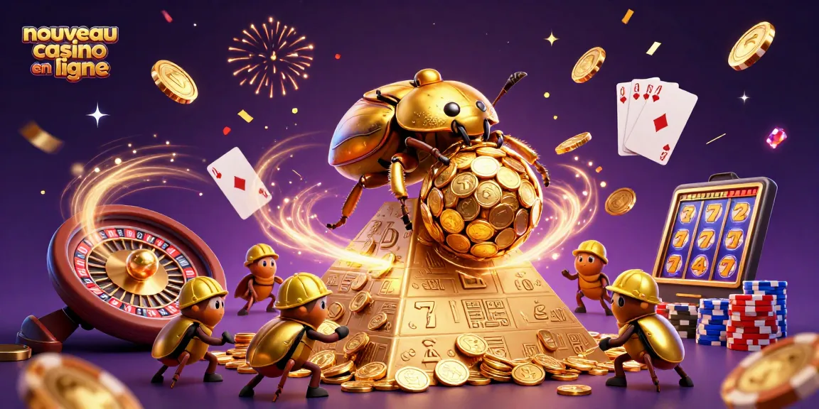 Jouer au nouveau casino en ligne avec une illustration colorée de coccinelles en or et symboles de casino.