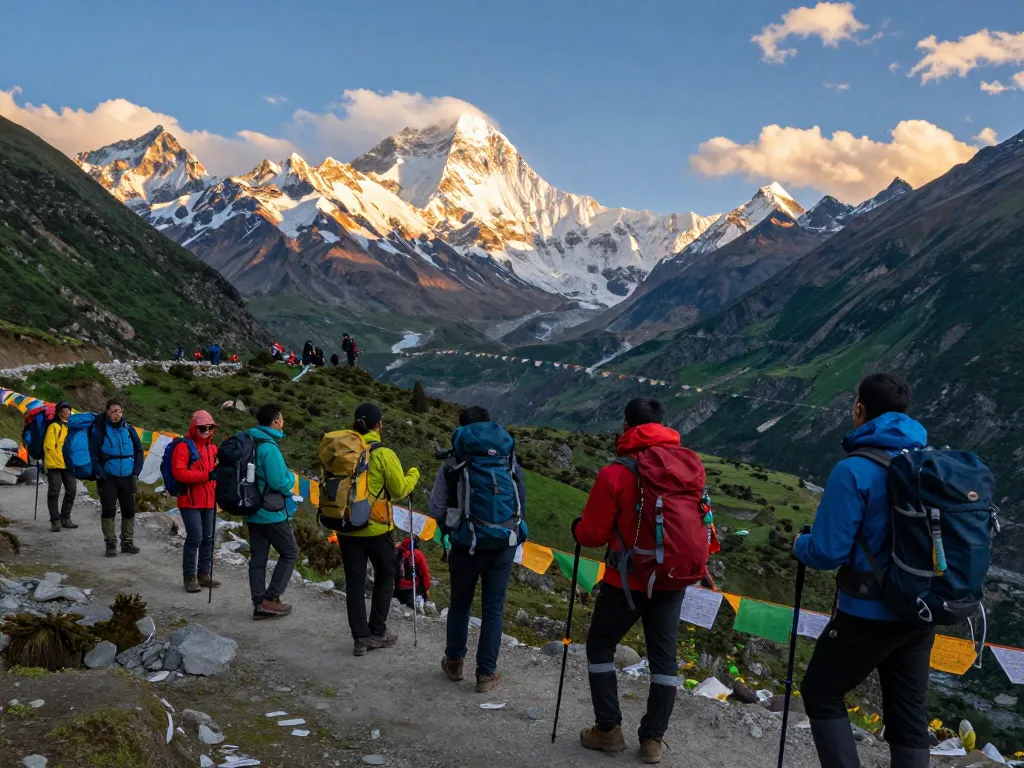 Everest Base Camp trekkers celebrating at sunrise, surrounded by majestic mountains and vibrant prayer flags.