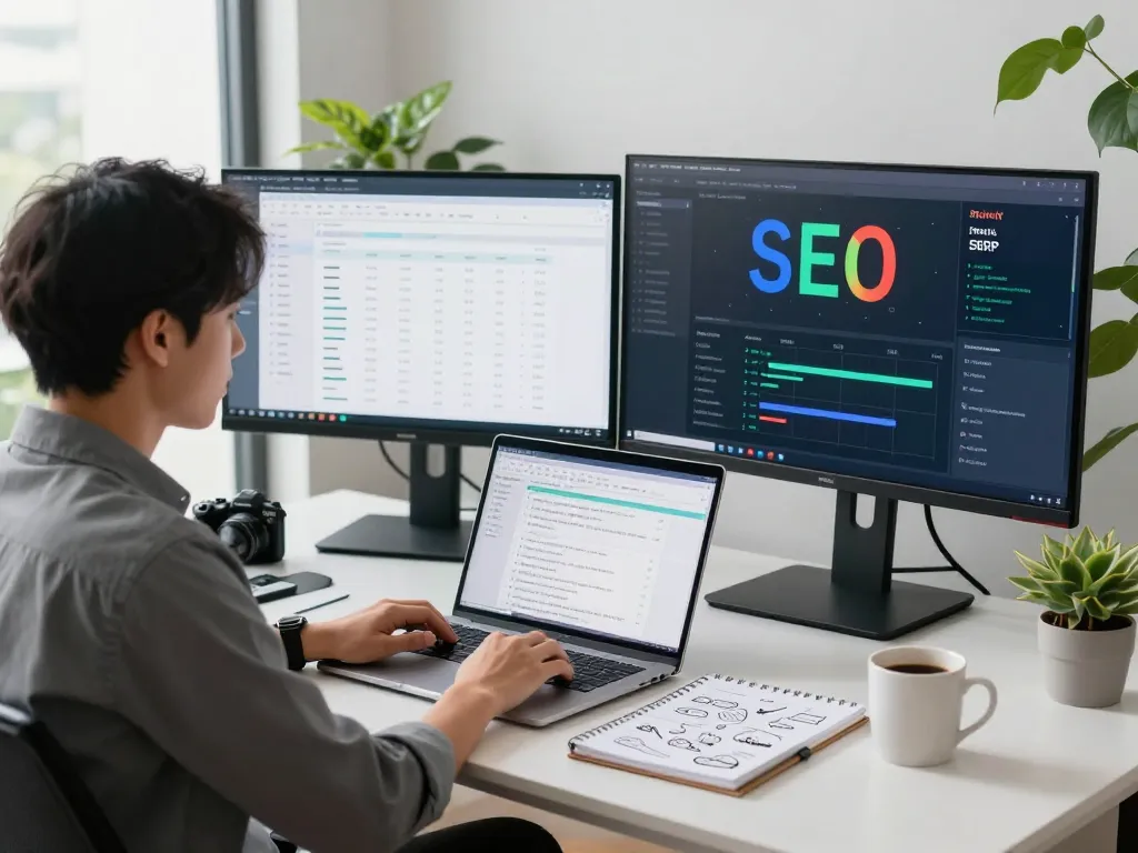SEO specialist analyzing group buy SEO tools performance in a modern workspace.