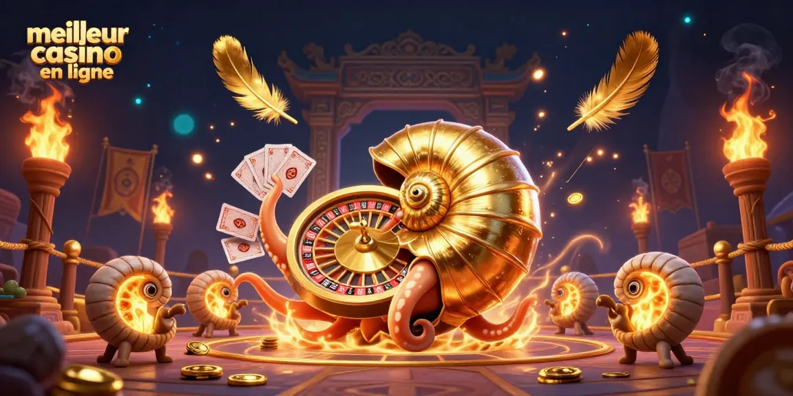 Découvrez le meilleur casino en ligne avec une illustration dynamique mettant en scène un nautilus géant et des ammonites brillantes.