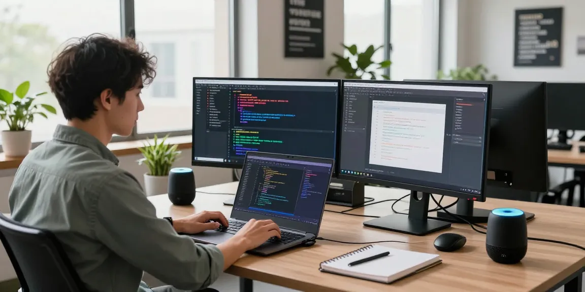 Innovative workspace with developer coding 纸飞机中文版 on multiple screens in a bright office setting.