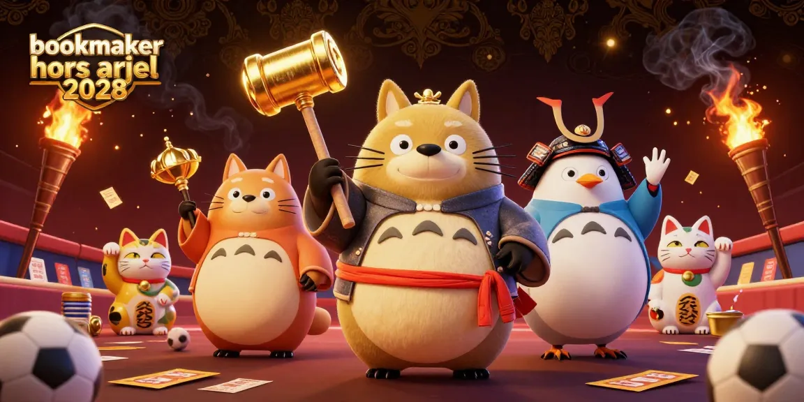 Découvrez bookmaker hors ARJEL 2028 avec cette illustration captivante durant des paris sportifs où le tanuki et ses amis animent l'expérience.
