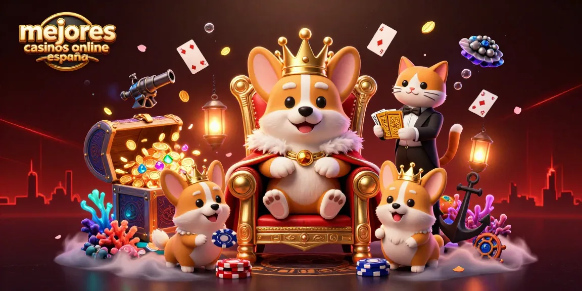Ilustración 3D de un corgi real en un trono de fichas de póker, representando los mejores casinos online España.