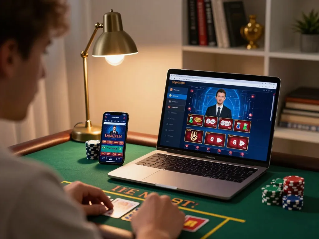 Ligalexus online blackjack scene featuring a player engaged with laptop and smartphone in a cozy setup