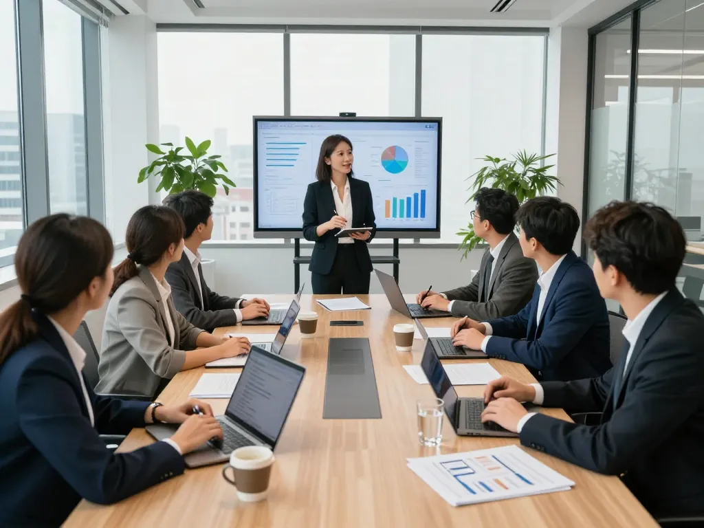 Engaging business meeting discussing 출장 strategies with diverse team in modern office