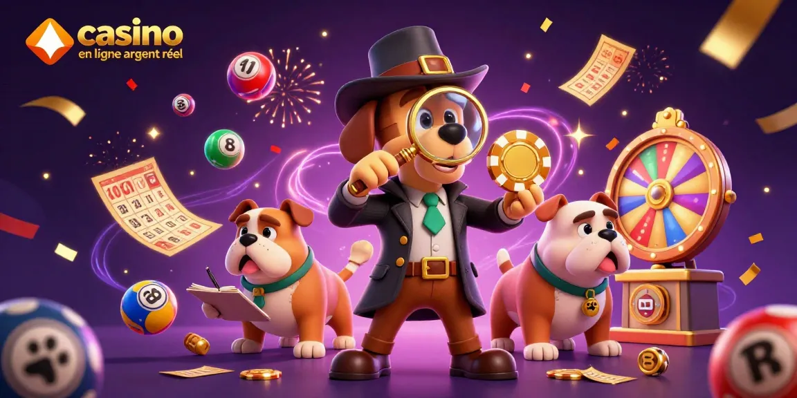 Jouez au casino en ligne argent réel avec une scène captivante de détectives et d'éléments de jeu colorés.