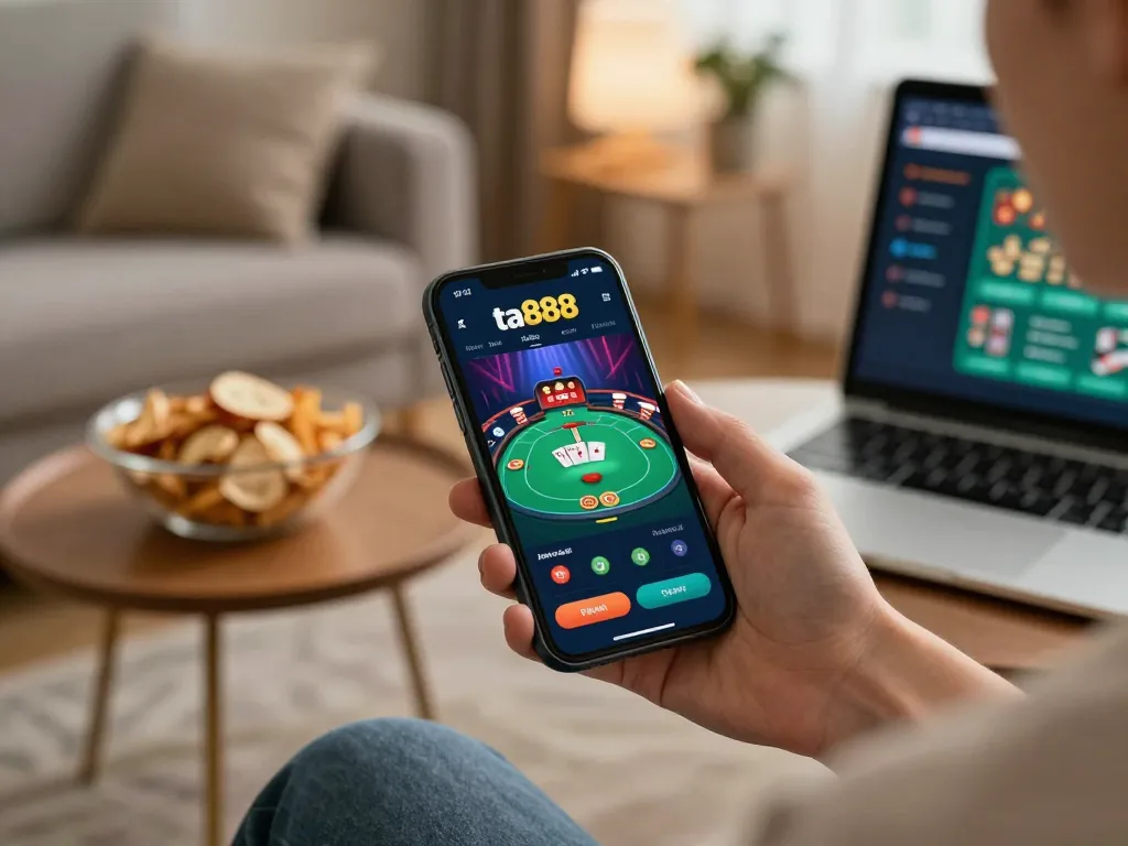 Engaging in online gaming with the ta888 app on smartphone in a cozy room.