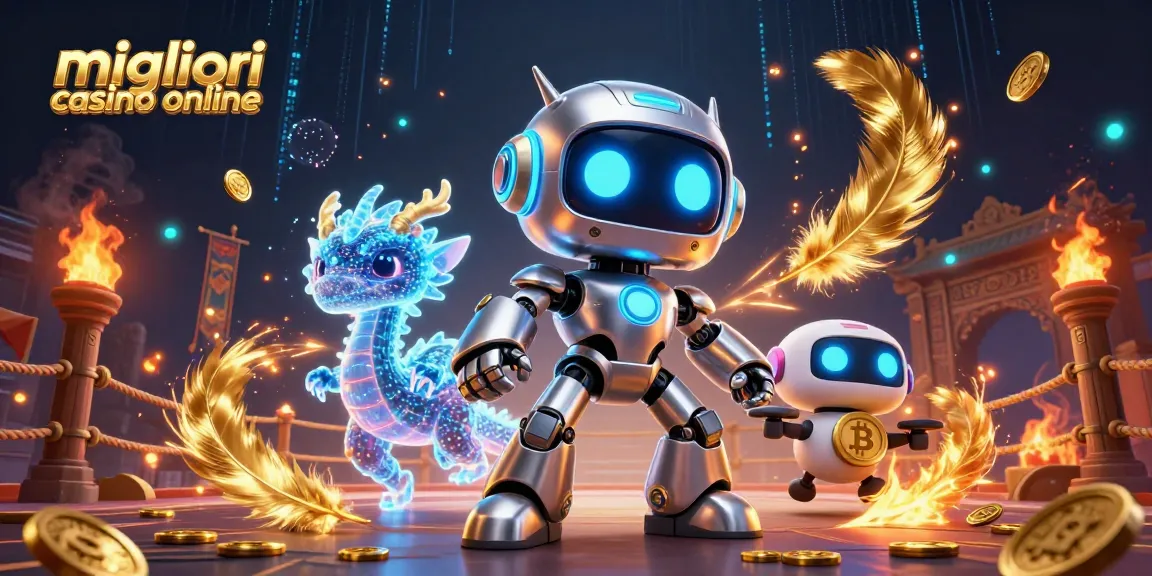 Scopri i migliori casino online con un robot cibernetico e un drago olografico in un'illustrazione vivace e colorata.