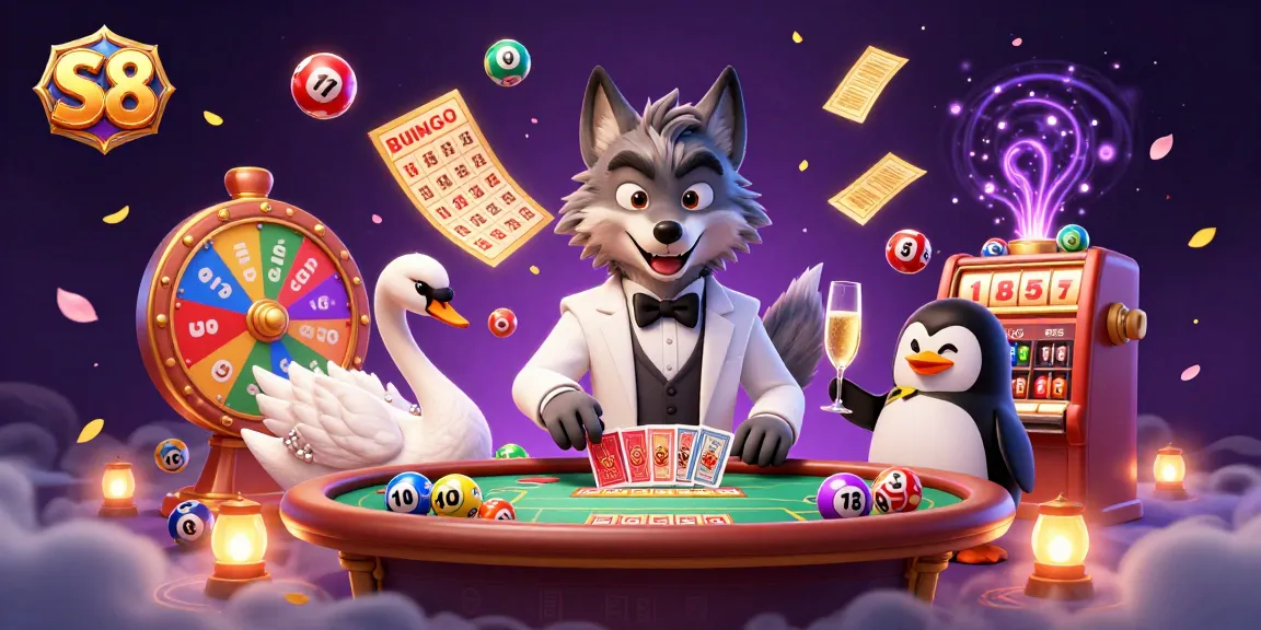 Engage with S8's vibrant casino scene featuring cartoon characters at a baccarat table, surrounded by dynamic game elements.
