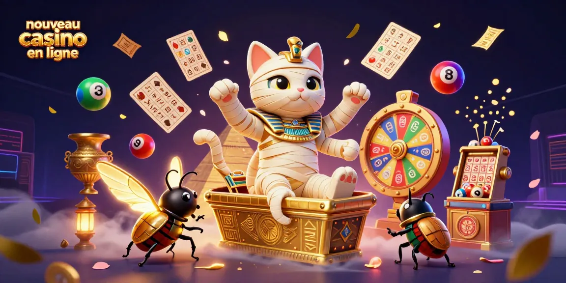 Découvrez le nouveau casino en ligne avec une illustration captivante d'un chat momie égyptien et des éléments de loterie.